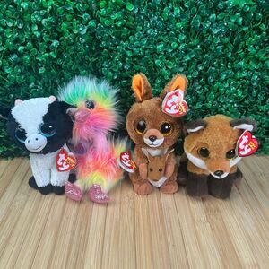 NWT Lot 4 Beanie Boos Butter Cow Asha Ostritch Fay Fox Kipper Kangaroo